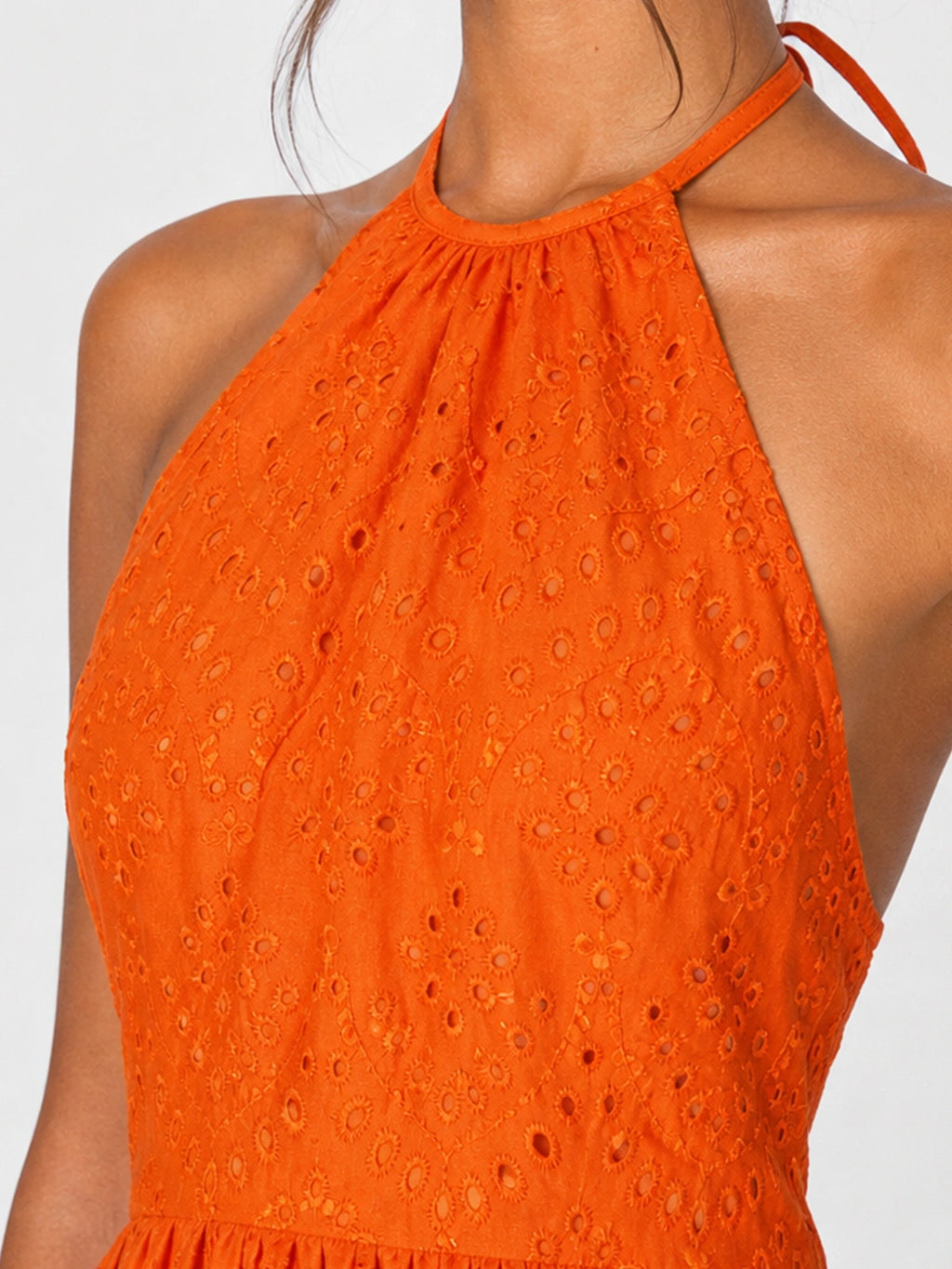 Halter Eyelet Cotton Backless Maxi Dress