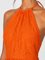 Halter Eyelet Cotton Backless Maxi Dress