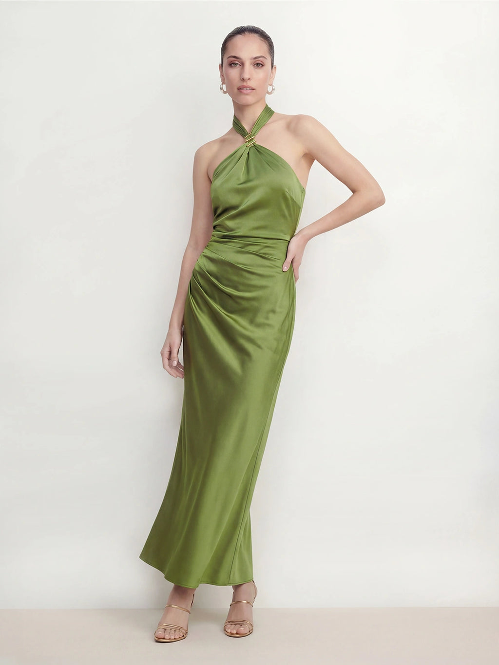 Halter Ruched Satin Maxi Dress