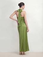 Halter Ruched Satin Maxi Dress