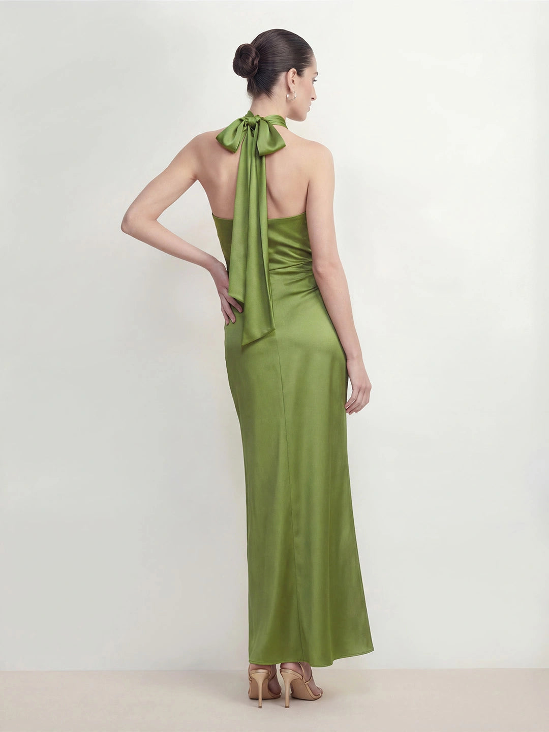 Halter Ruched Satin Maxi Dress