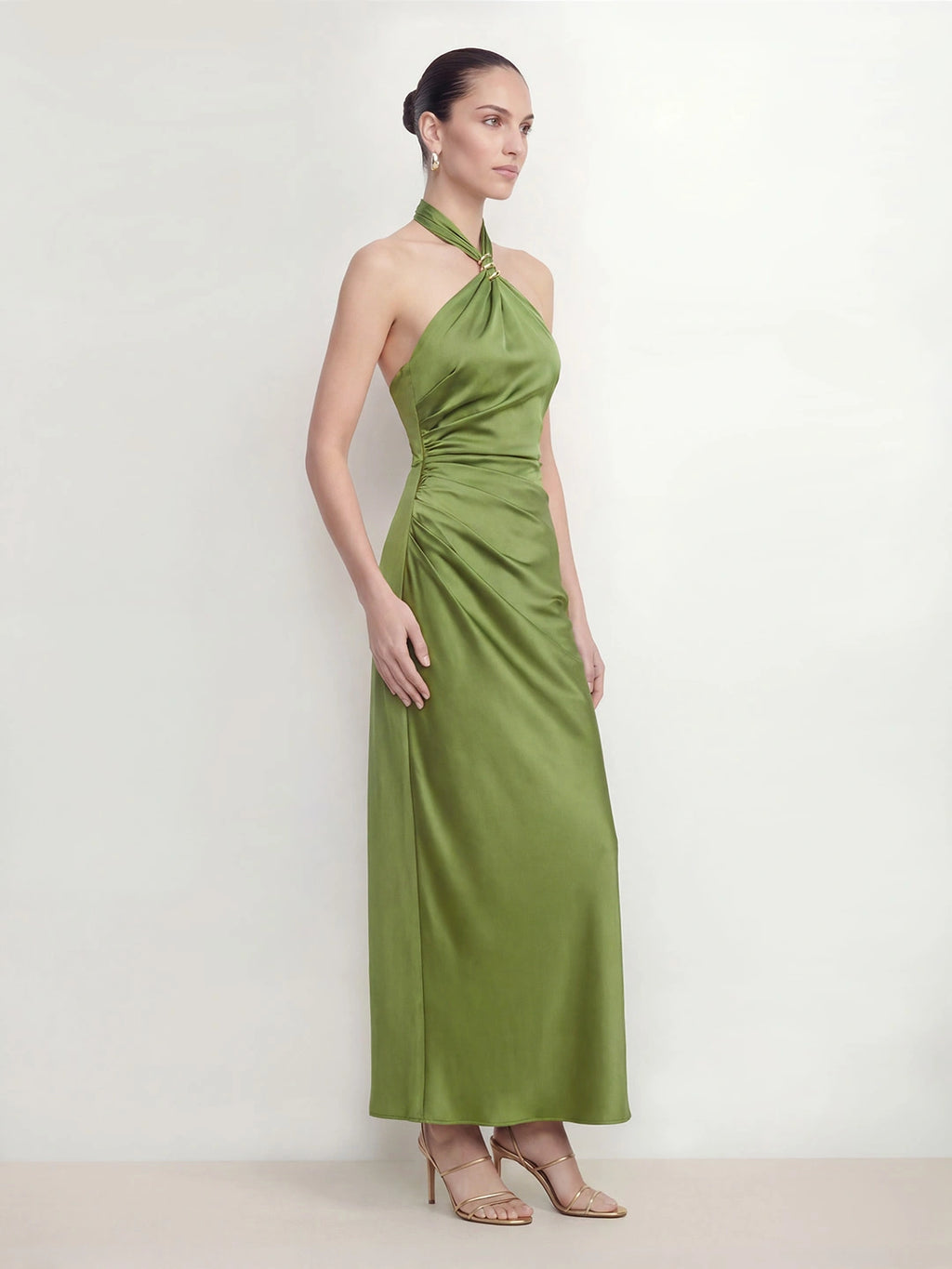 Halter Ruched Satin Maxi Dress