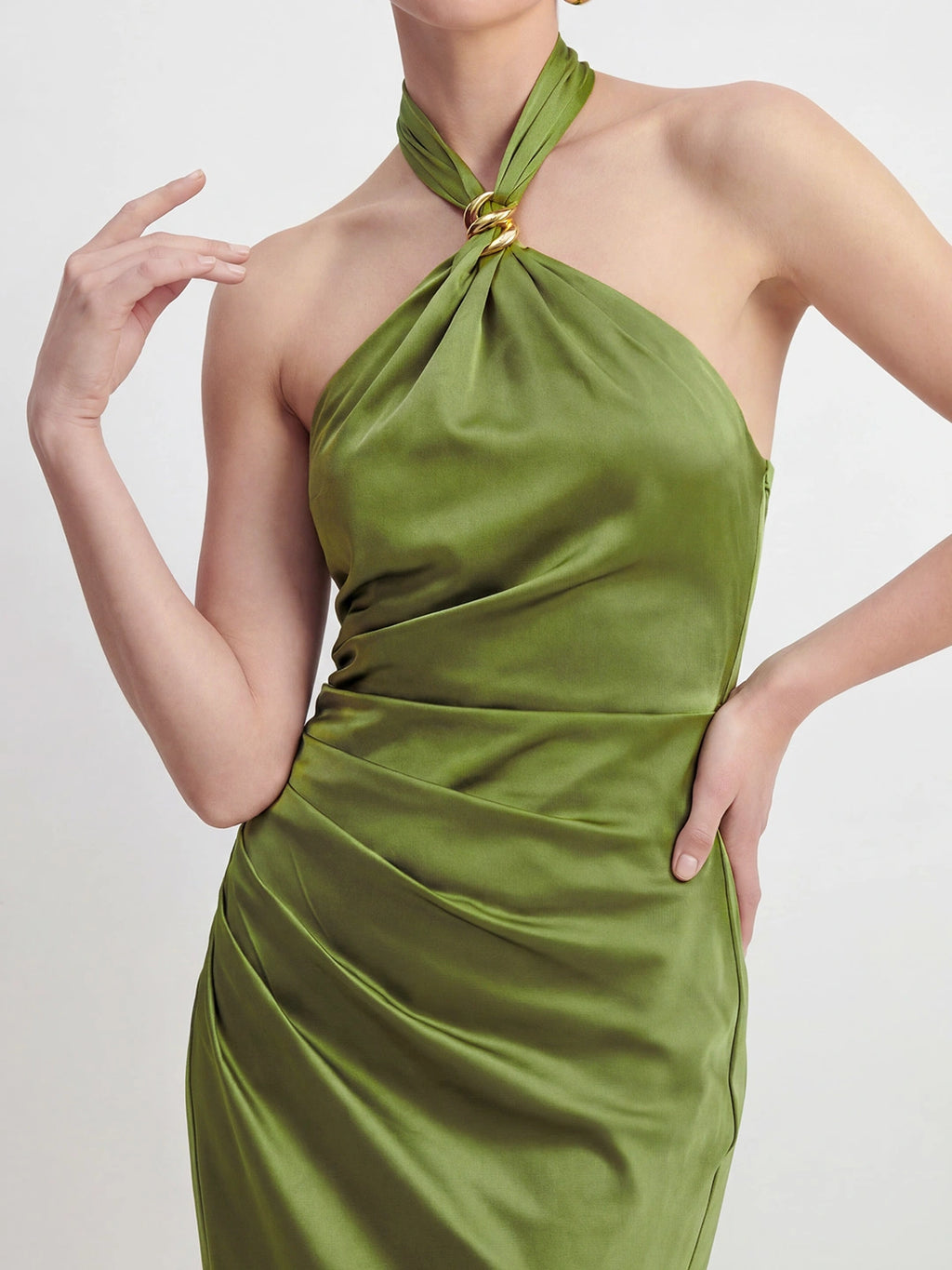 Halter Ruched Satin Maxi Dress