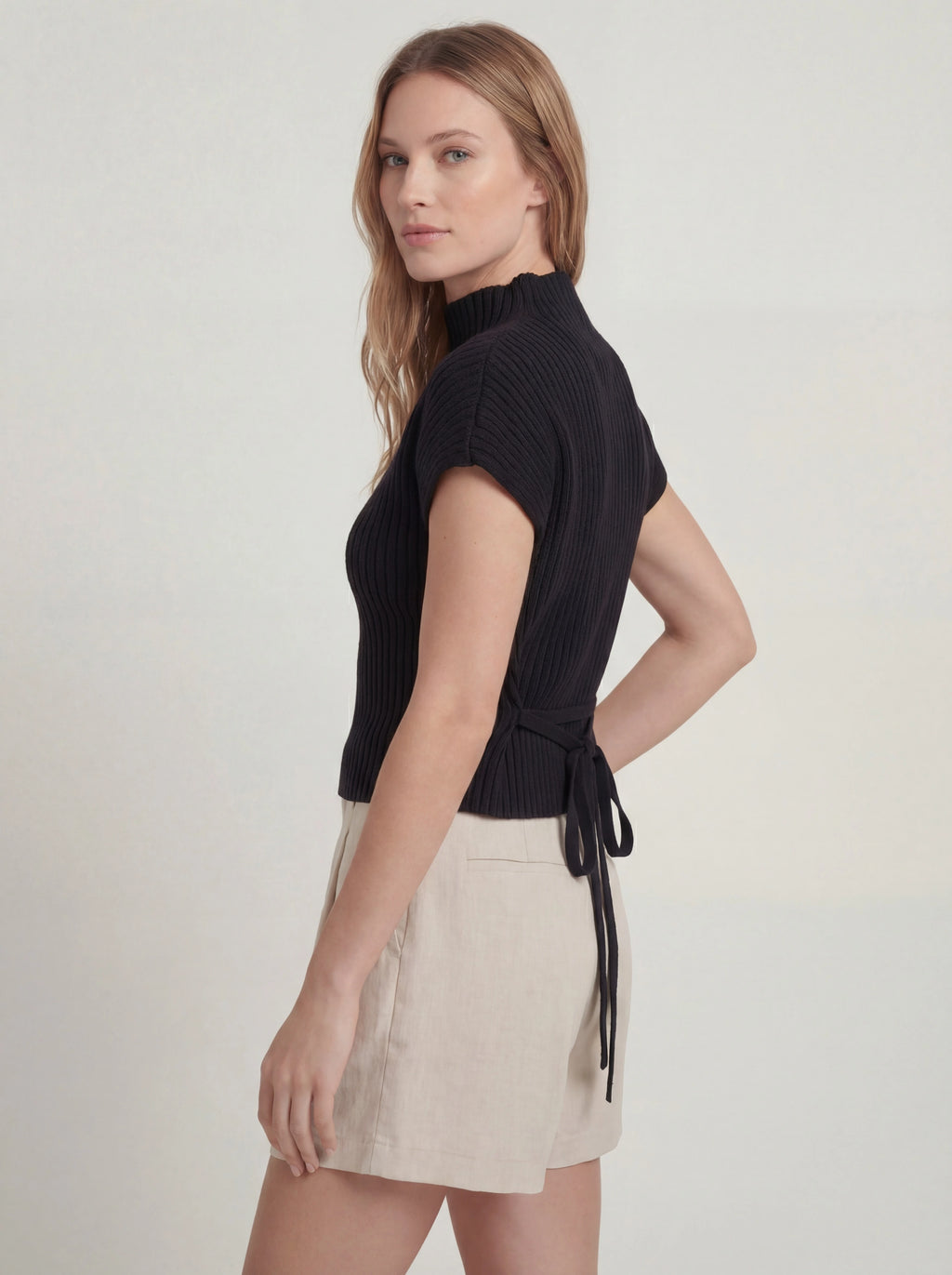 High Neck Ribbed Knit Cap Sleeve Top