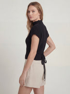 High Neck Ribbed Knit Cap Sleeve Top