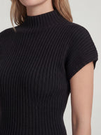 High Neck Ribbed Knit Cap Sleeve Top
