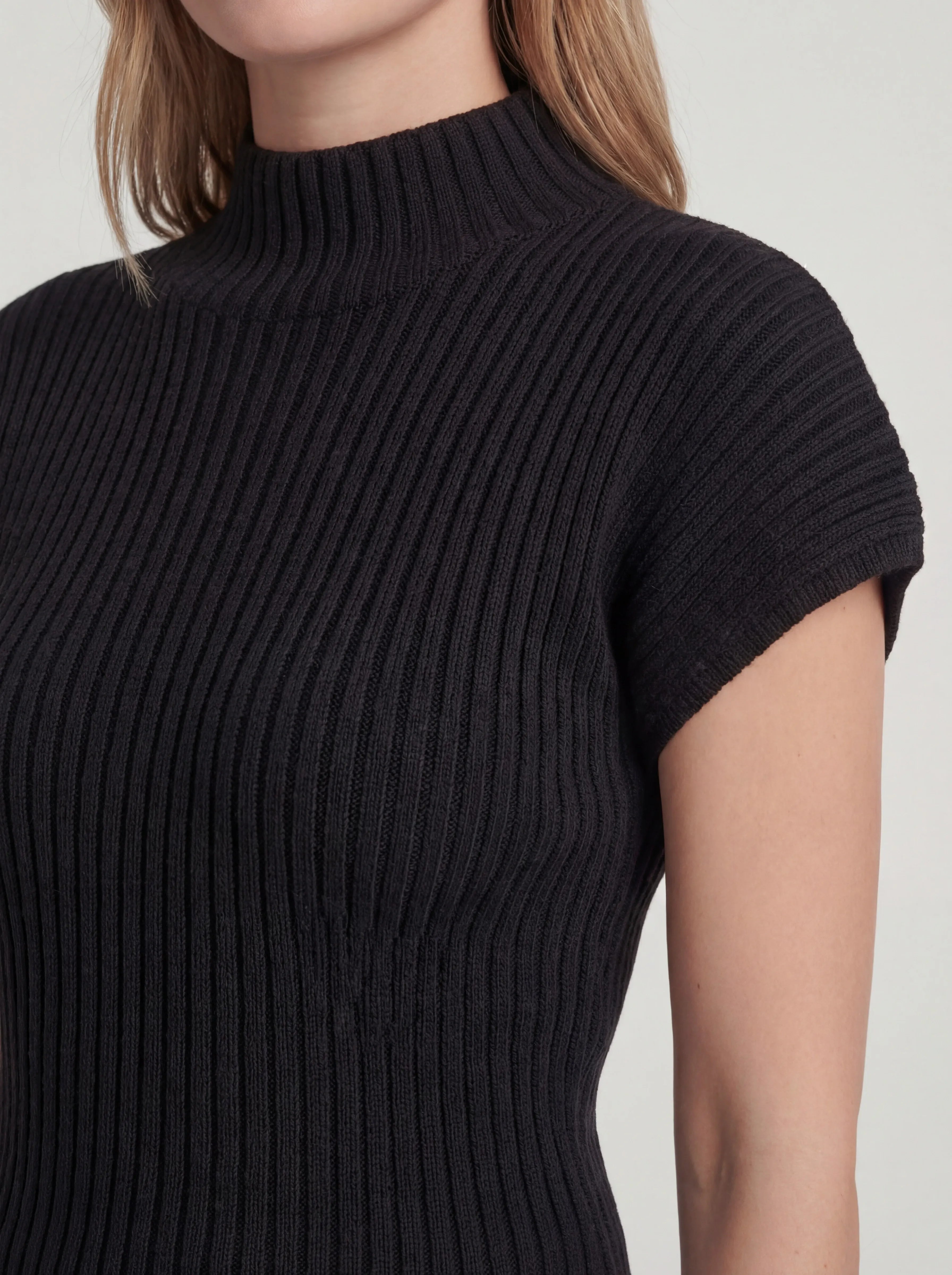 High Neck Ribbed Knit Cap Sleeve Top