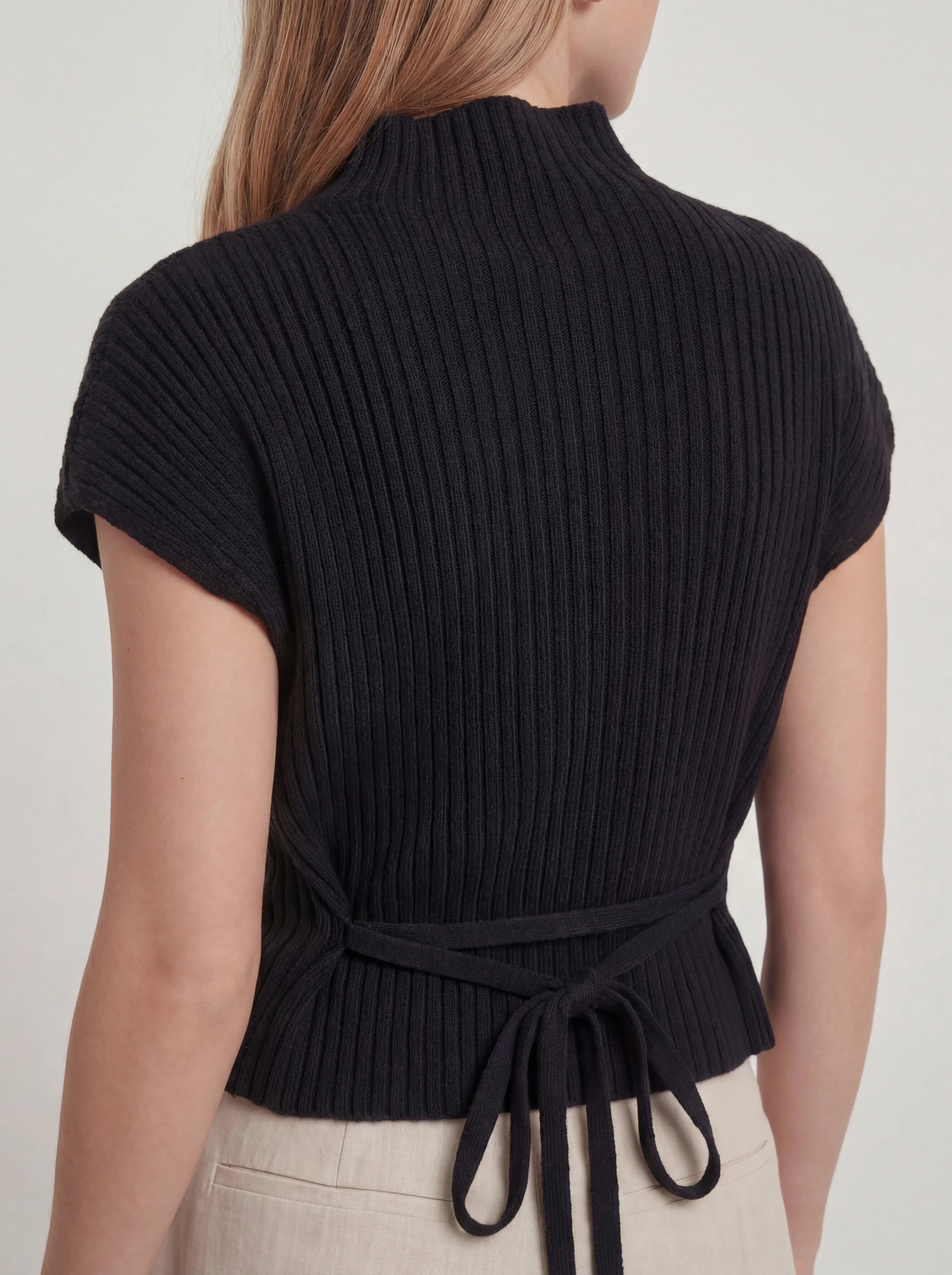 High Neck Ribbed Knit Cap Sleeve Top