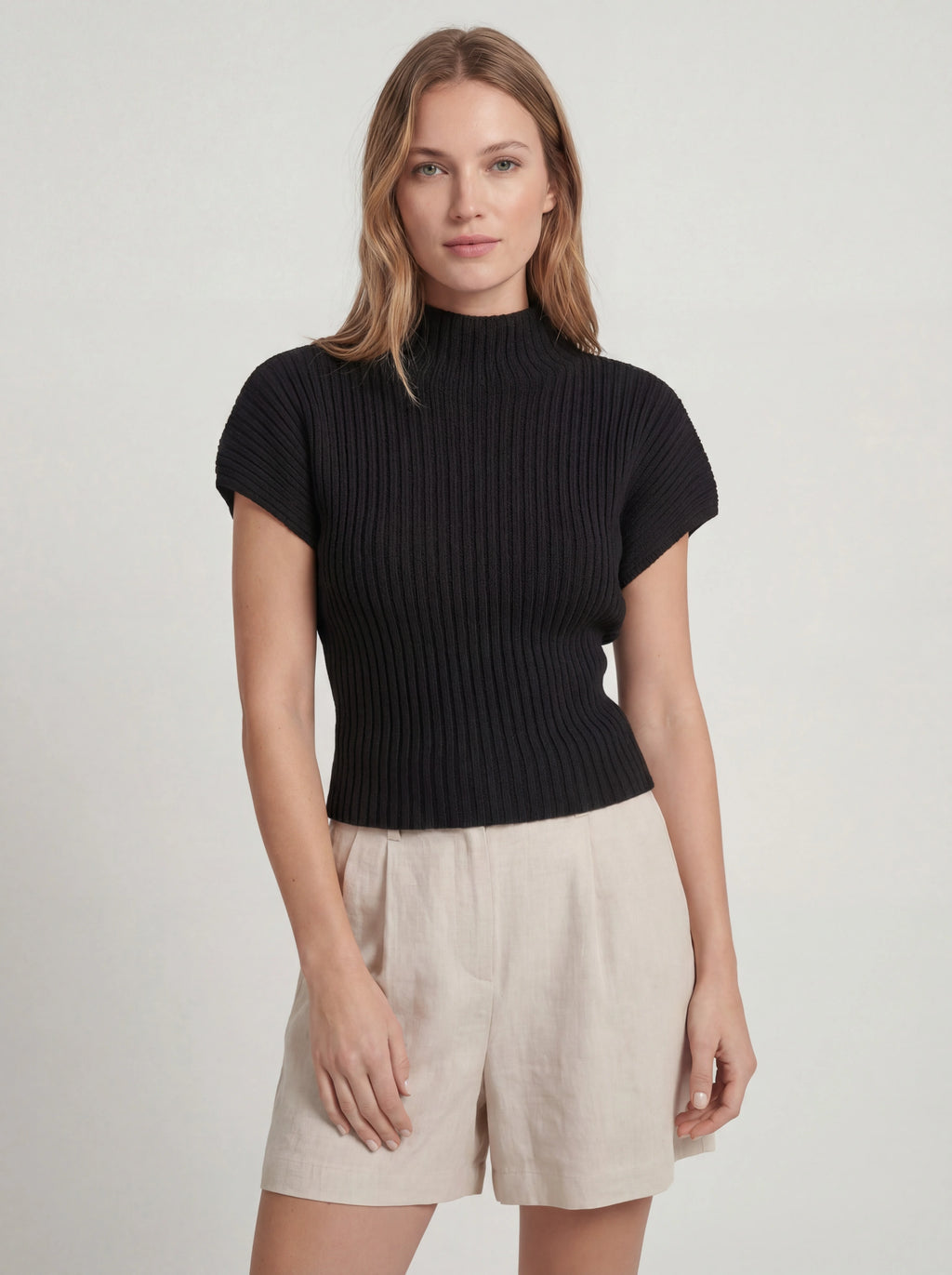 High Neck Ribbed Knit Cap Sleeve Top