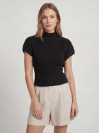 High Neck Ribbed Knit Cap Sleeve Top
