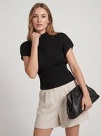 High Neck Ribbed Knit Cap Sleeve Top