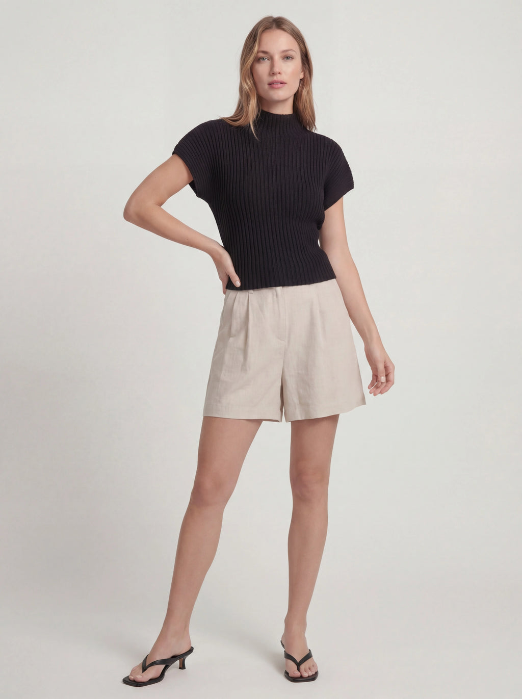 High Neck Ribbed Knit Cap Sleeve Top