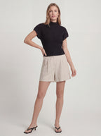 High Neck Ribbed Knit Cap Sleeve Top