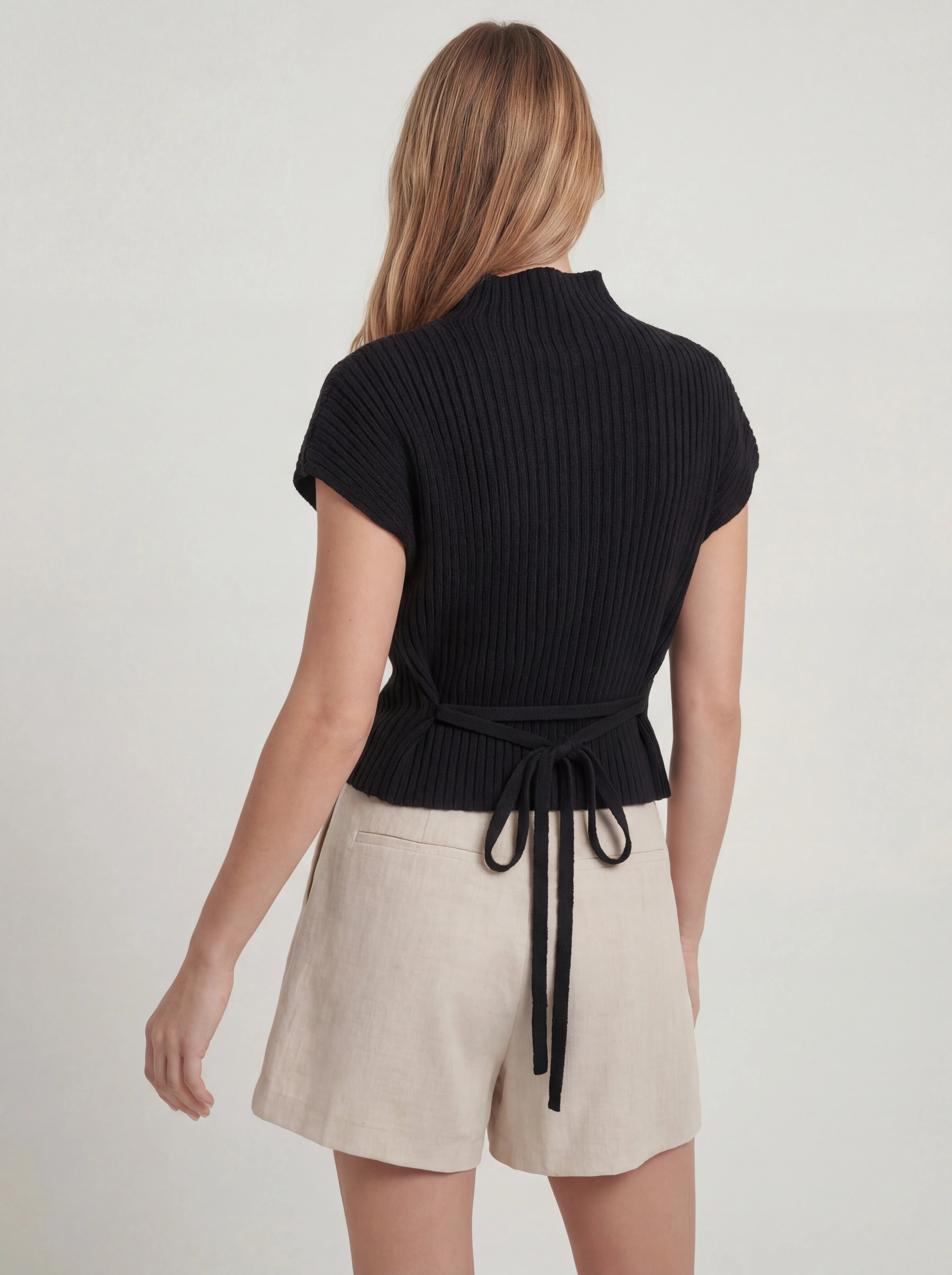 High Neck Ribbed Knit Cap Sleeve Top Secondary image