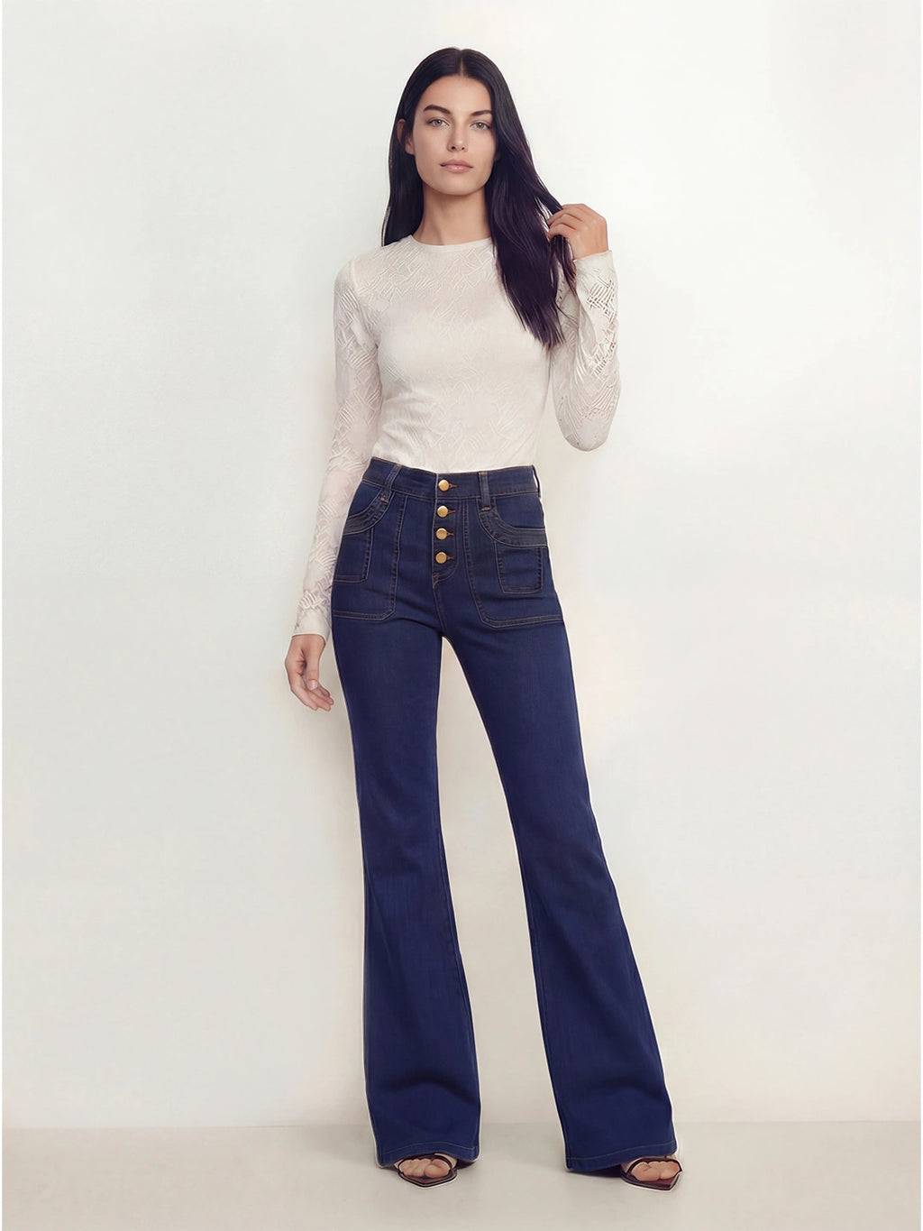 High Waisted Button Fly Flare Jeans