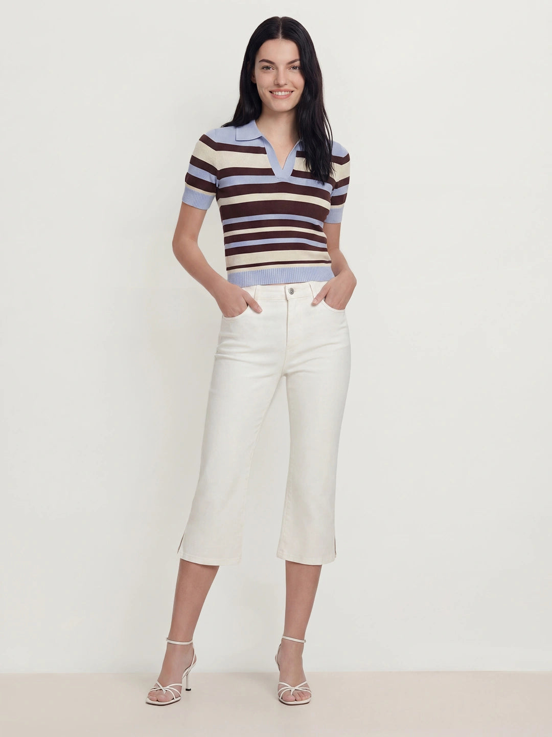 High Waisted Cotton Capri Flare Jeans