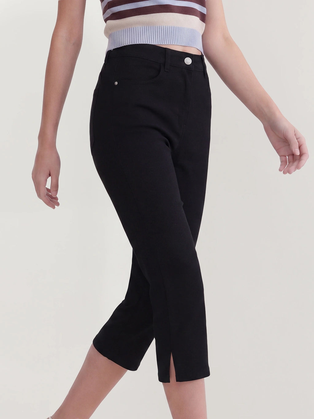 High Waisted Cotton Capri Flare Jeans