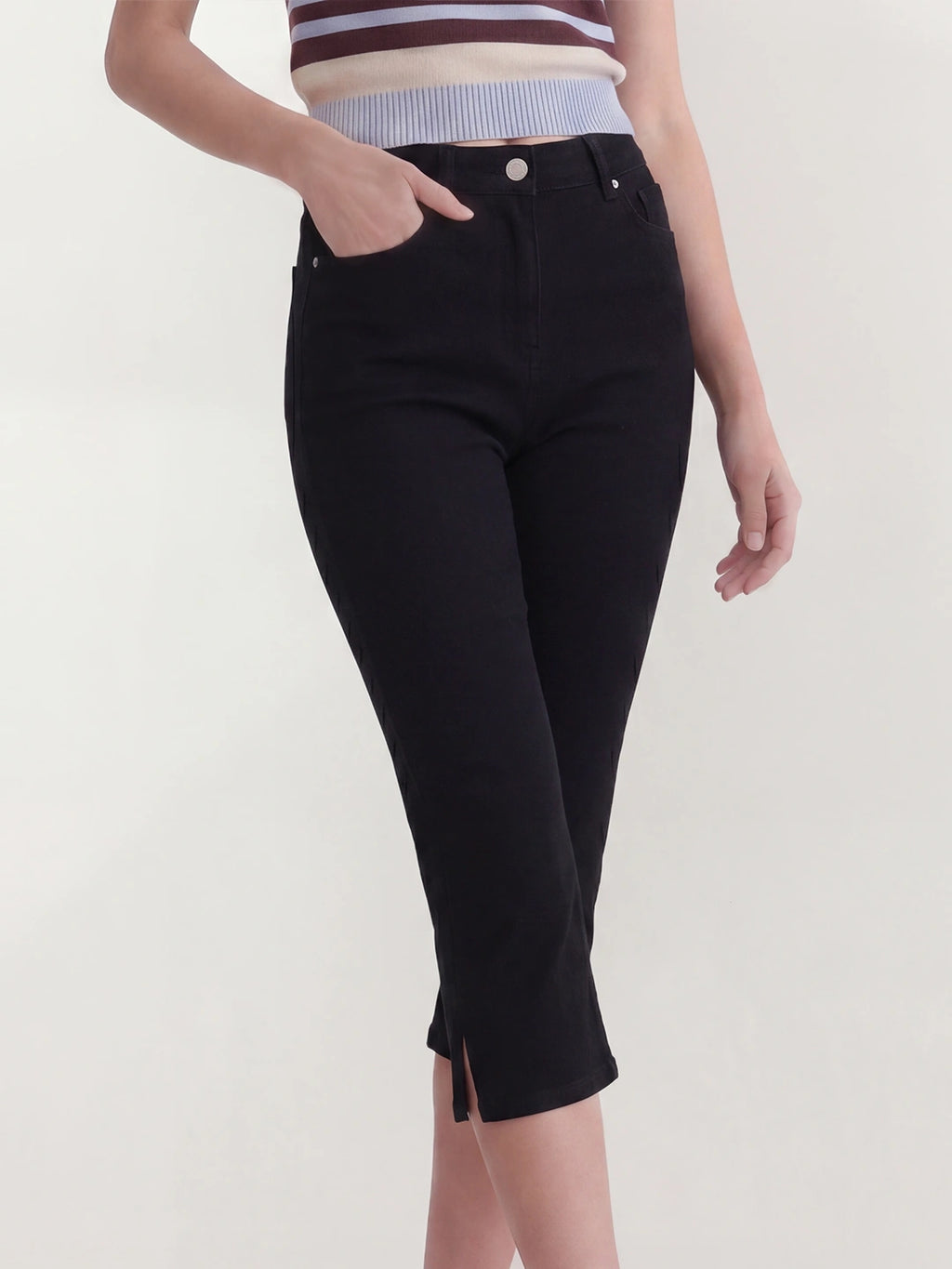 High Waisted Cotton Capri Flare Jeans