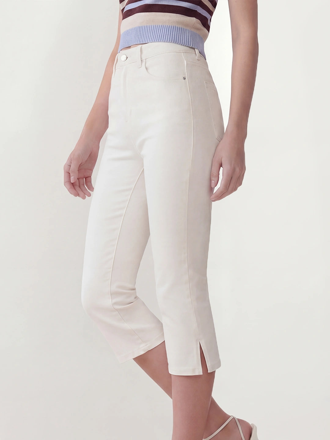 High Waisted Cotton Capri Flare Jeans
