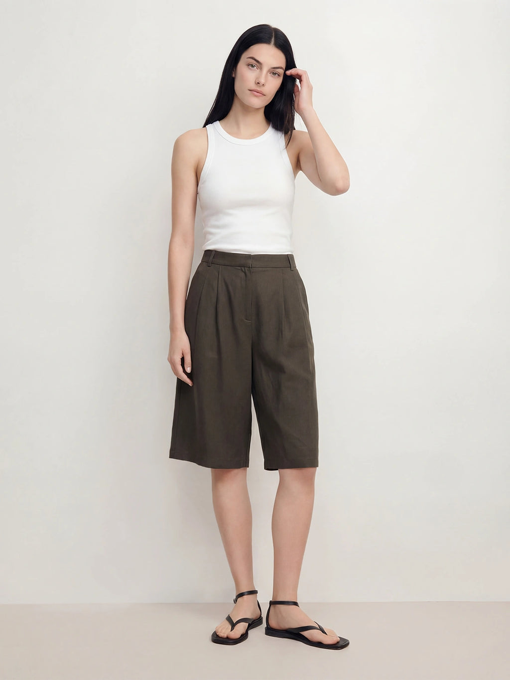 High Waisted Pleated Linen Tencel Shorts
