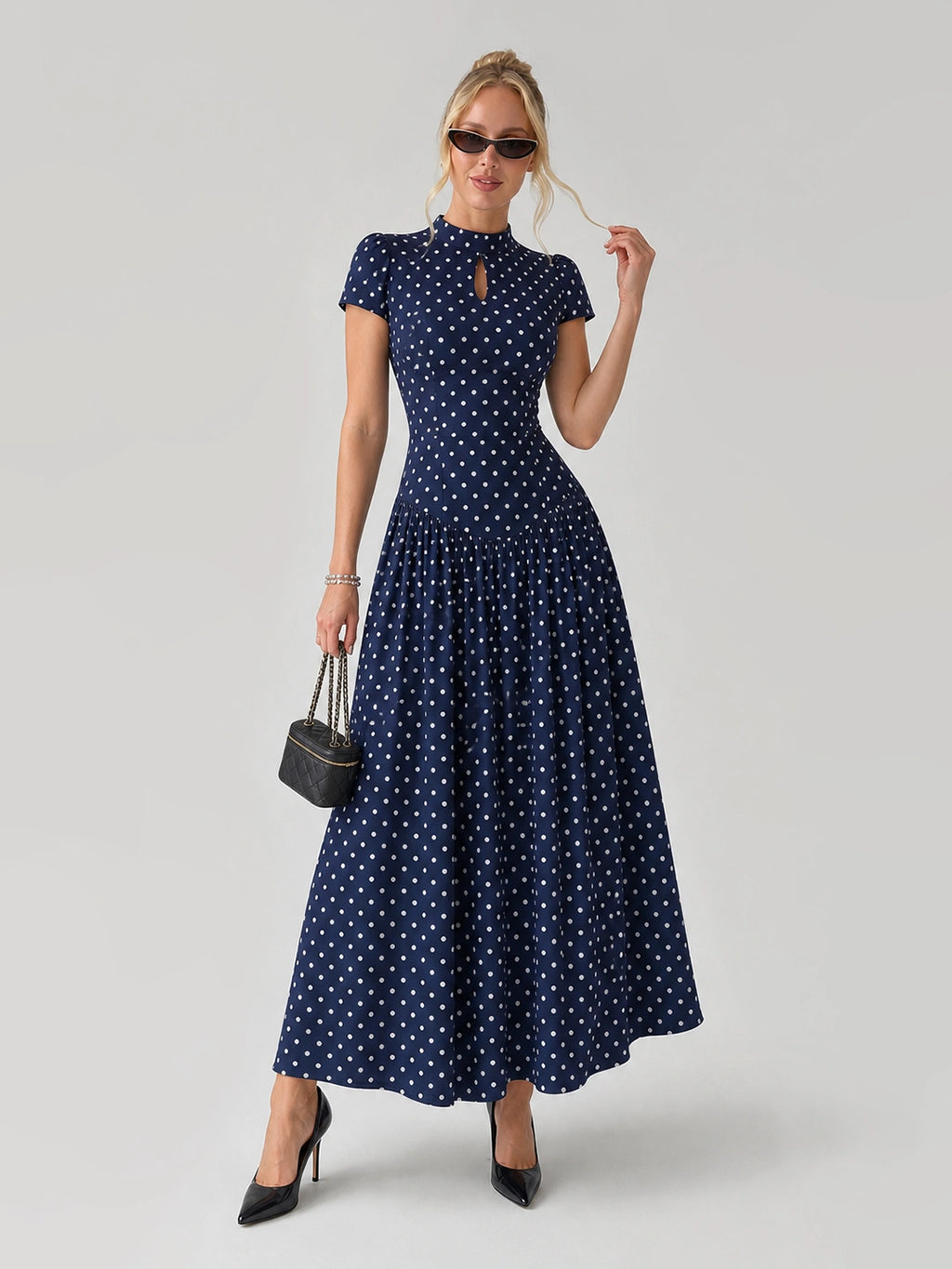 Vintage Polka Dot Drop Waist Midi Dress