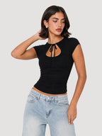 Keyhole Tie-Front Ruched Slim Fit Top