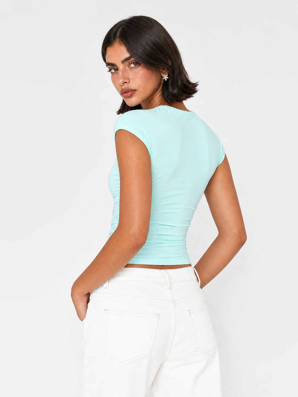 Keyhole Tie-Front Ruched Slim Fit Top