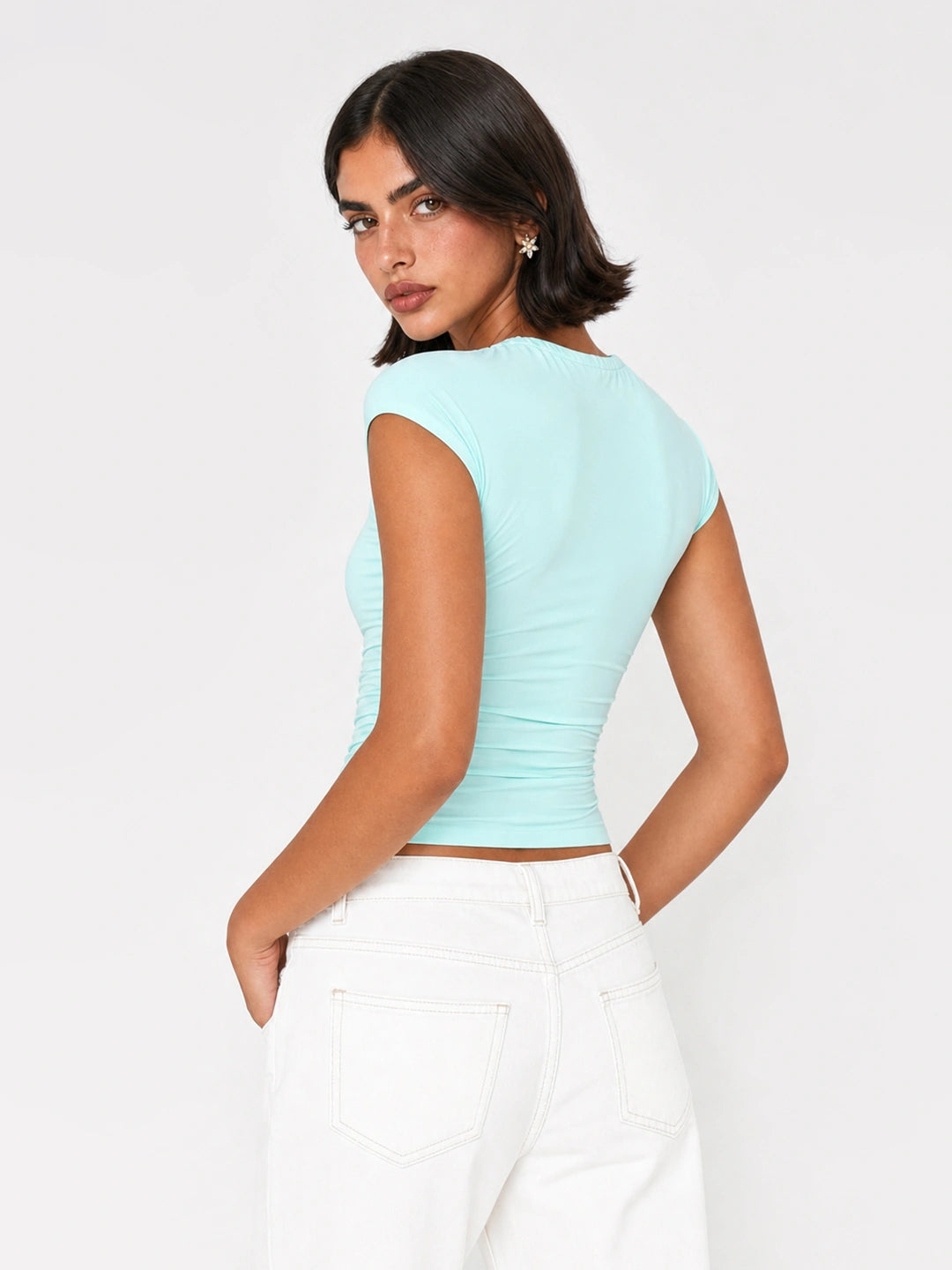 Keyhole Tie-Front Ruched Slim Fit Top