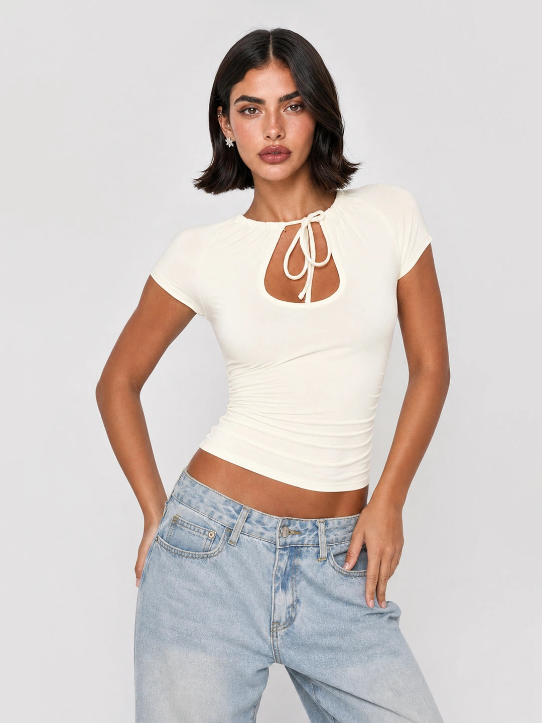 Keyhole Tie-Front Ruched Slim Fit Top