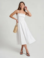 Lace-Trim Linen Spaghetti Strap Midi Dress