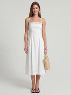 Lace-Trim Linen Spaghetti Strap Midi Dress
