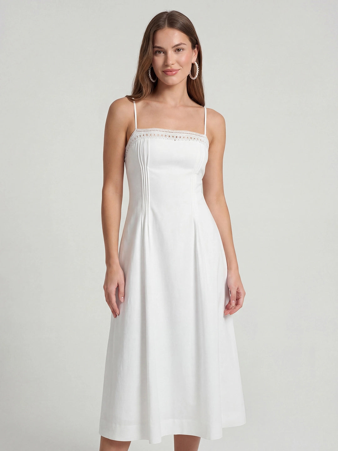 Lace-Trim Linen Spaghetti Strap Midi Dress