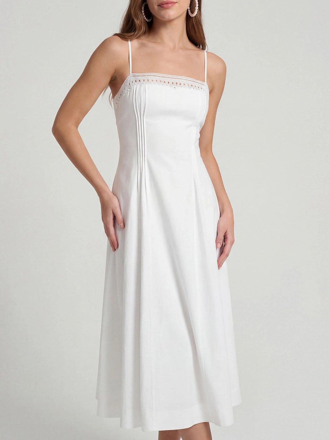 Lace-Trim Linen Spaghetti Strap Midi Dress