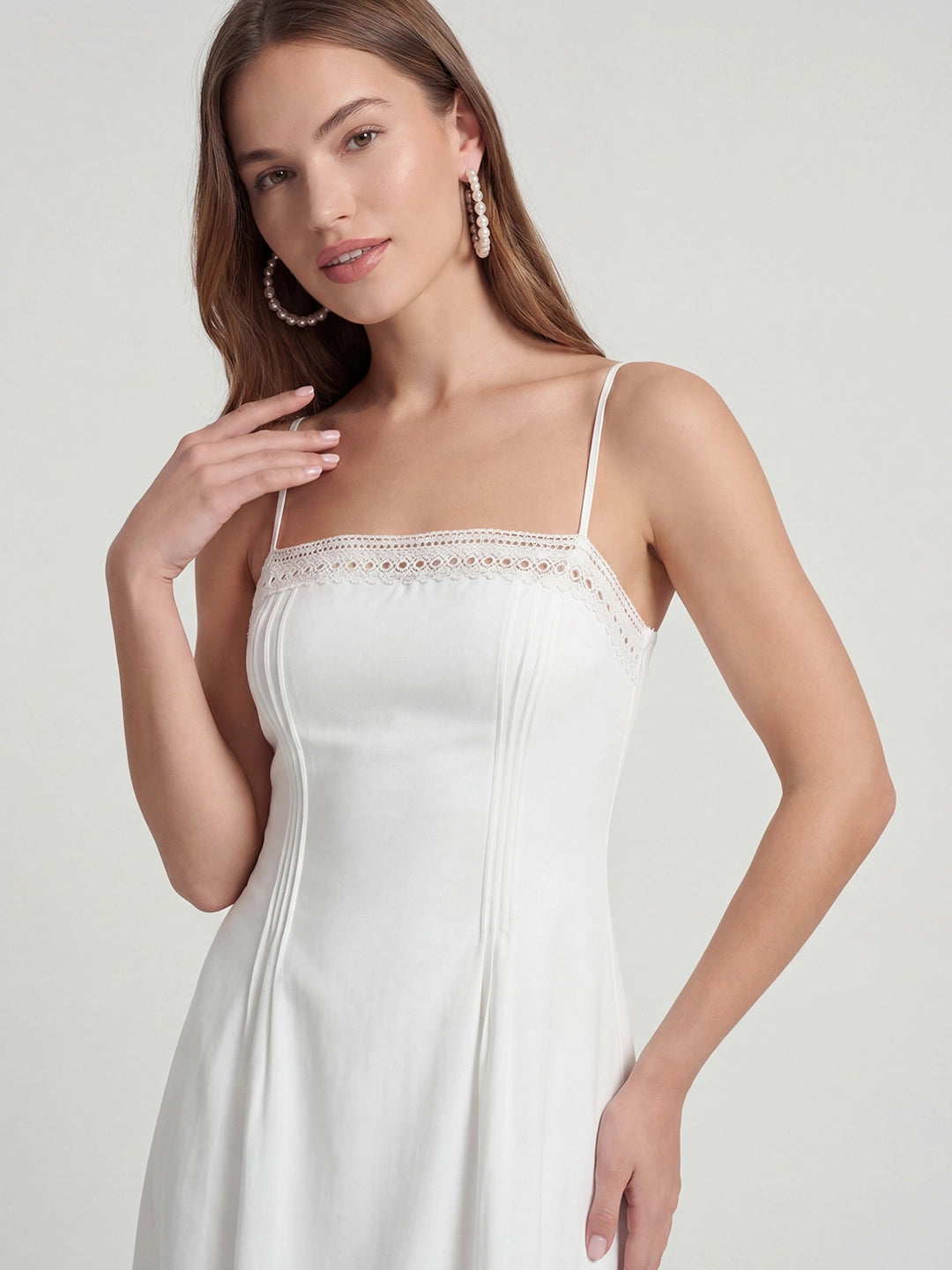 Lace-Trim Linen Spaghetti Strap Midi Dress