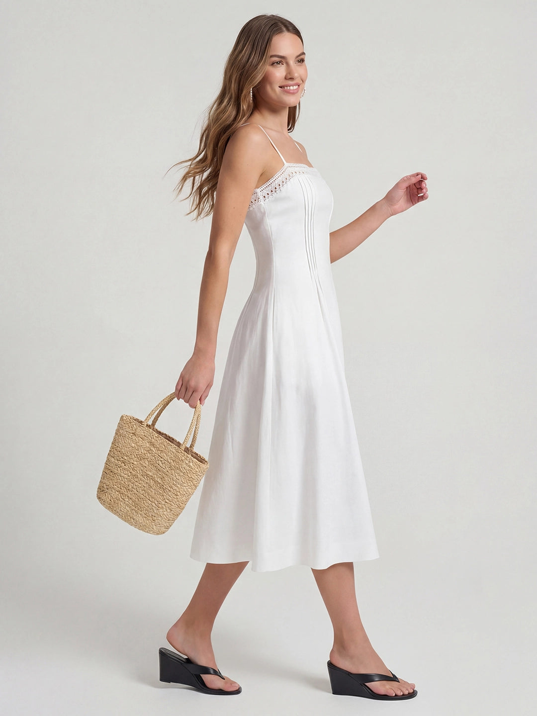 Lace-Trim Linen Spaghetti Strap Midi Dress
