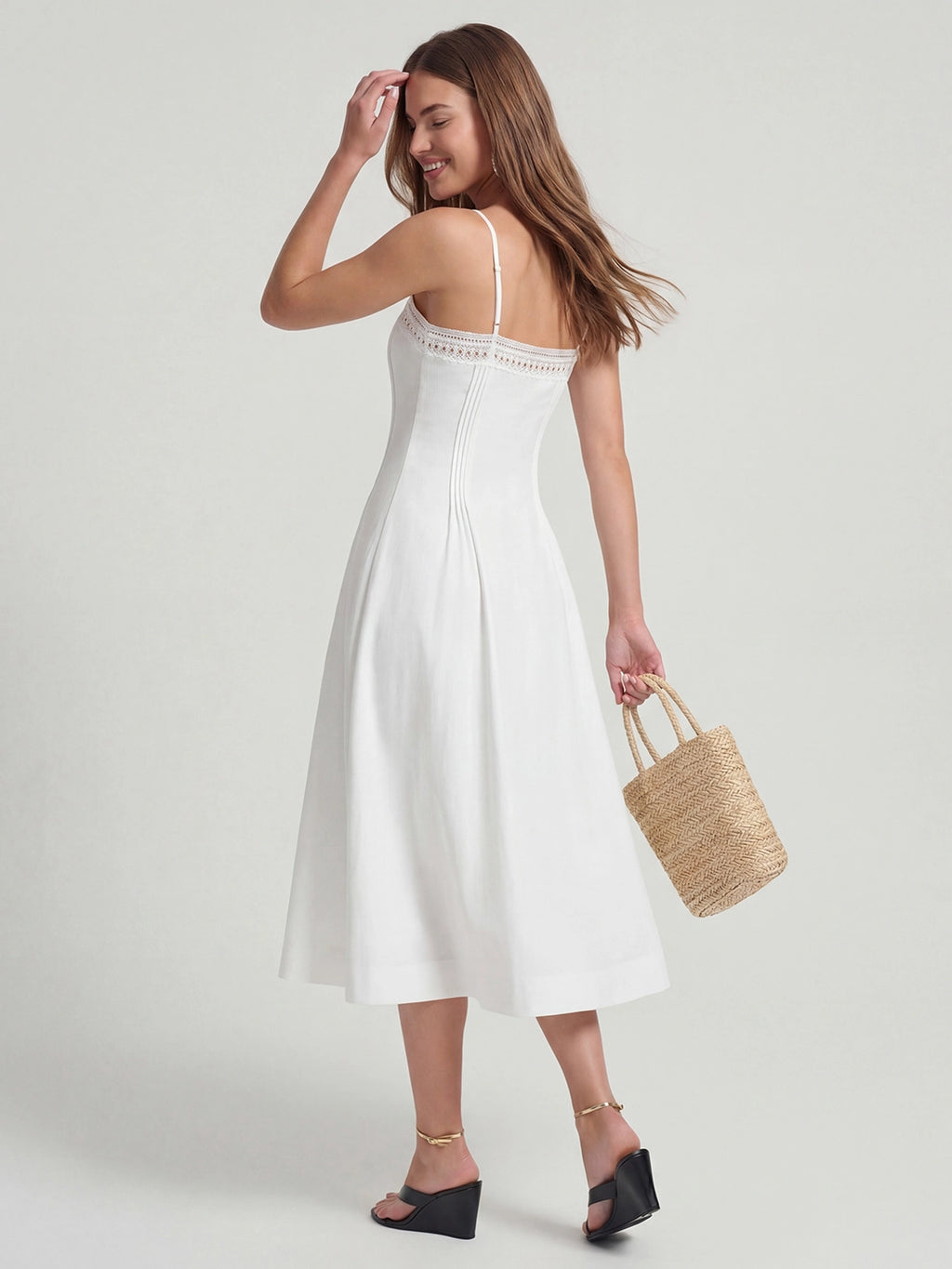 Lace-Trim Linen Spaghetti Strap Midi Dress