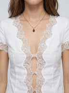 Lace-Trim Linen V-Neck Cap Sleeve Top