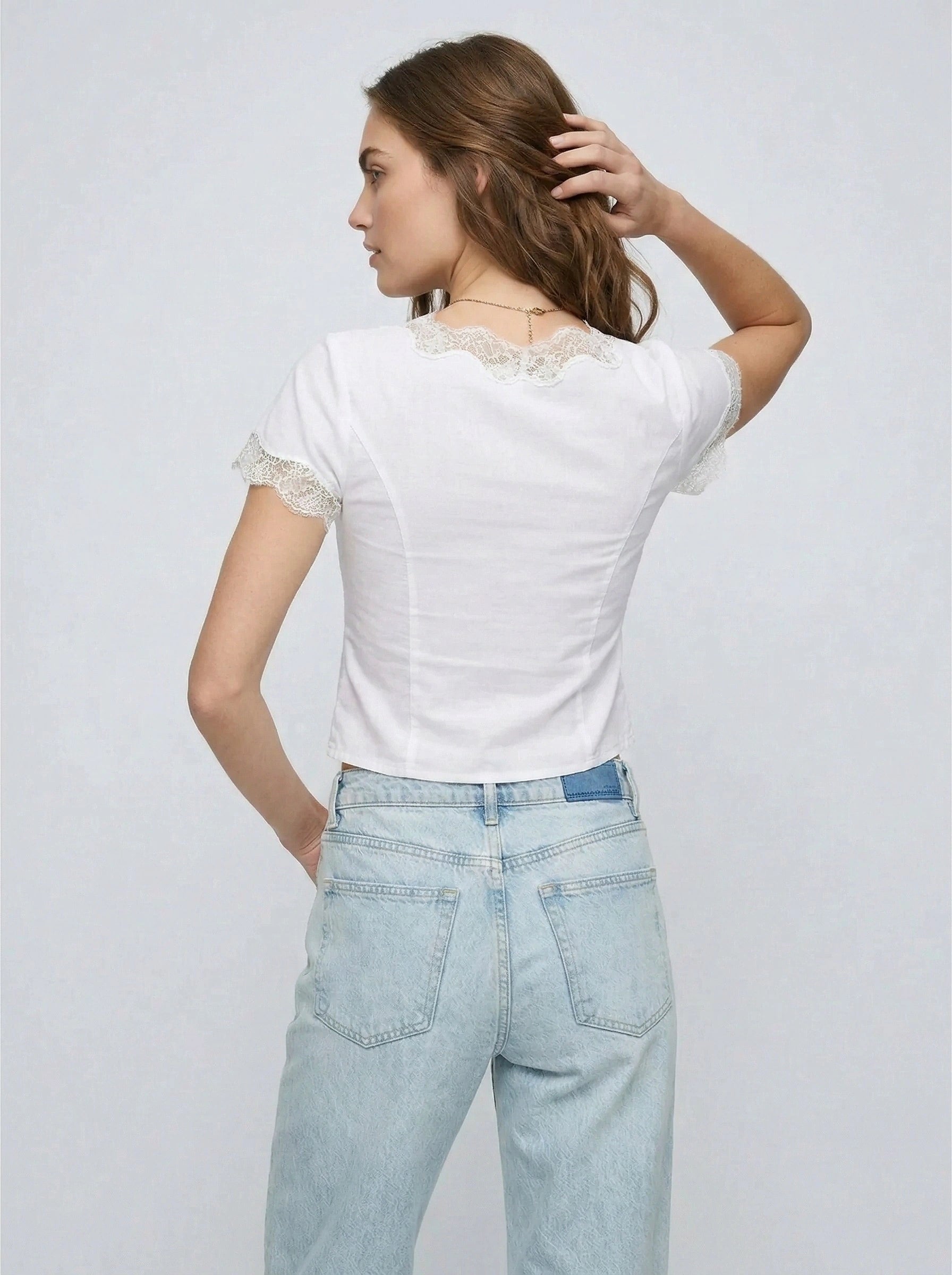 Lace-Trim Linen V-Neck Cap Sleeve Top