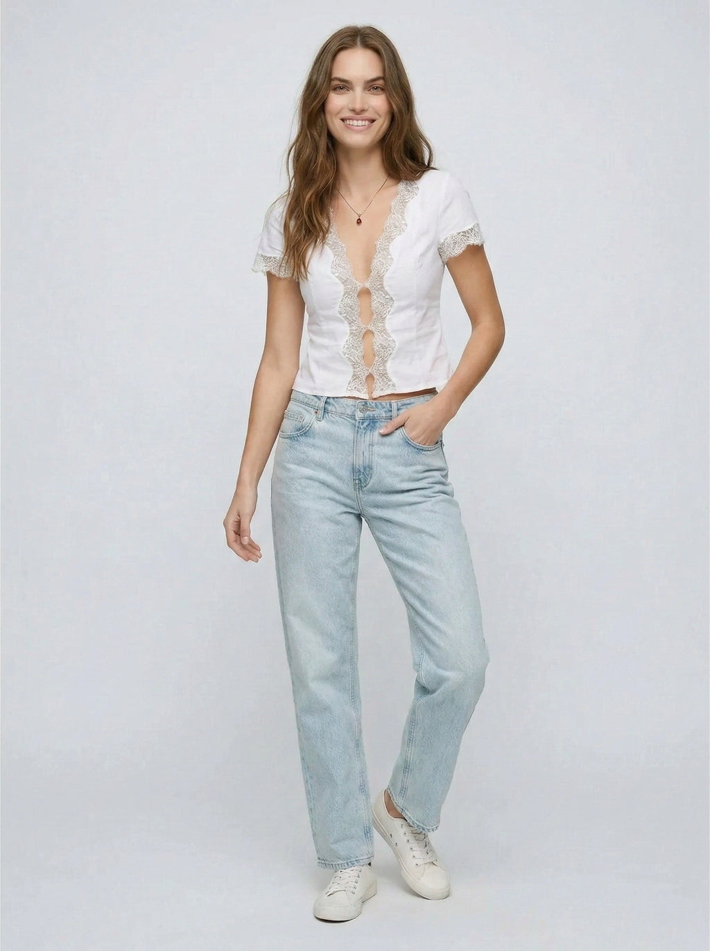 Lace-Trim Linen V-Neck Cap Sleeve Top