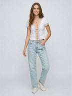 Lace-Trim Linen V-Neck Cap Sleeve Top