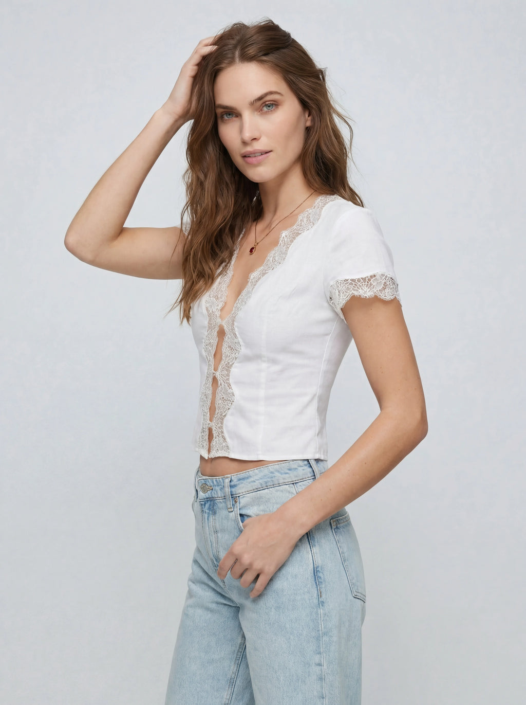 Lace-Trim Linen V-Neck Cap Sleeve Top