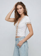 Lace-Trim Linen V-Neck Cap Sleeve Top