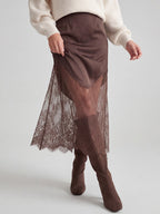 Lace-Trim Satin Midi Skirt