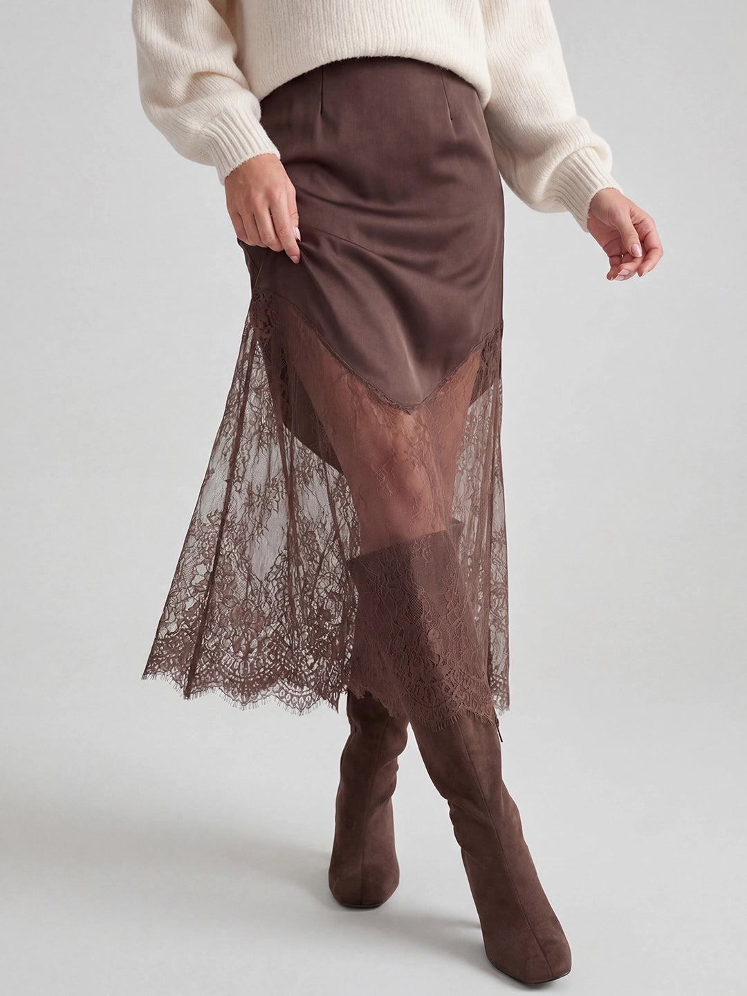 Lace-Trim Satin Midi Skirt