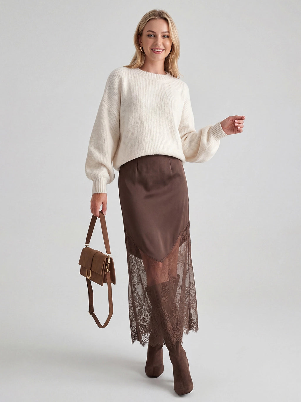 Lace-Trim Satin Midi Skirt