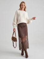 Lace-Trim Satin Midi Skirt