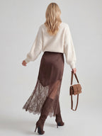 Lace-Trim Satin Midi Skirt