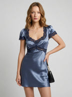 Lace-Trim Stain Short Sleeve Mini Dress