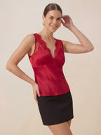 Valentine's Day Exclusive -Lace-Trim Silk V-Neck Camisole Top
