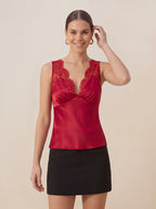 Valentine's Day Exclusive -Lace-Trim Silk V-Neck Camisole Top